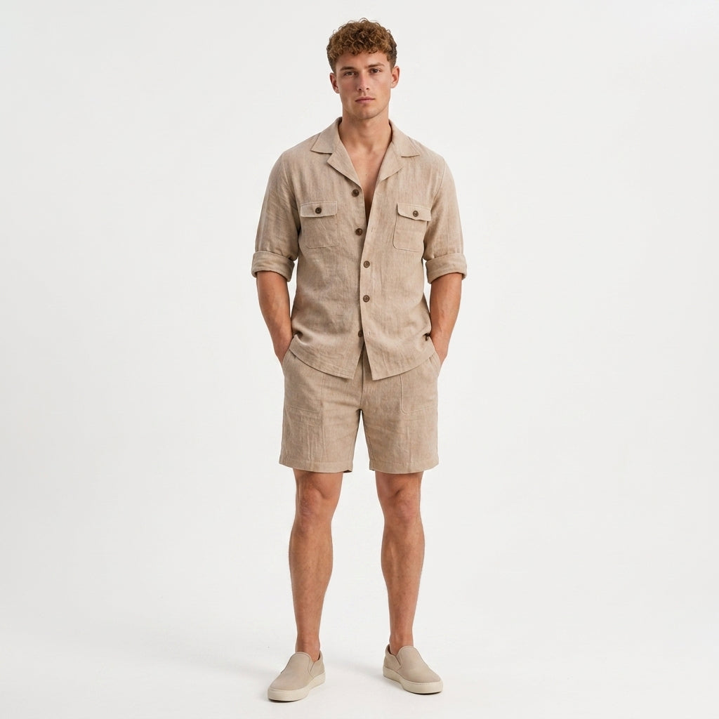 Herren Sommer-Set Hemd und Shorts in Leinenoptik mit Brusttaschen, Stilvoll und Komfortabel für Warme Tage 1