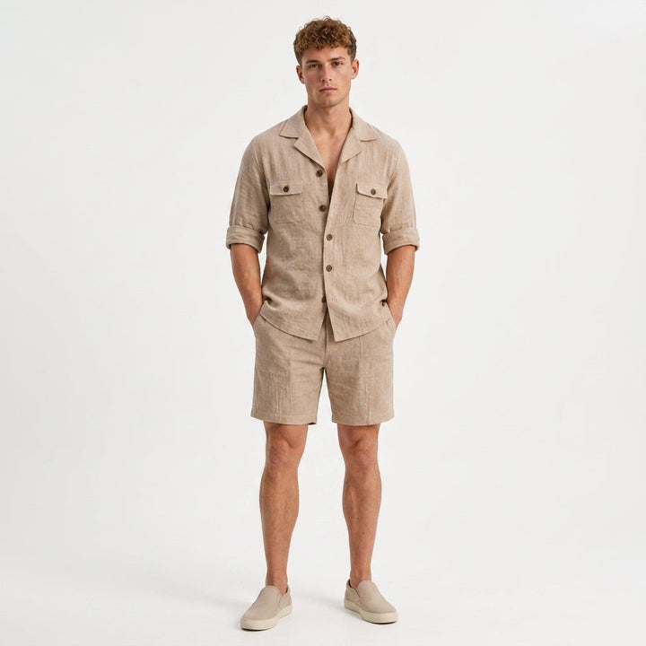 Herren Sommer-Set Hemd und Shorts in Leinenoptik mit Brusttaschen, Stilvoll und Komfortabel für Warme Tage 1
