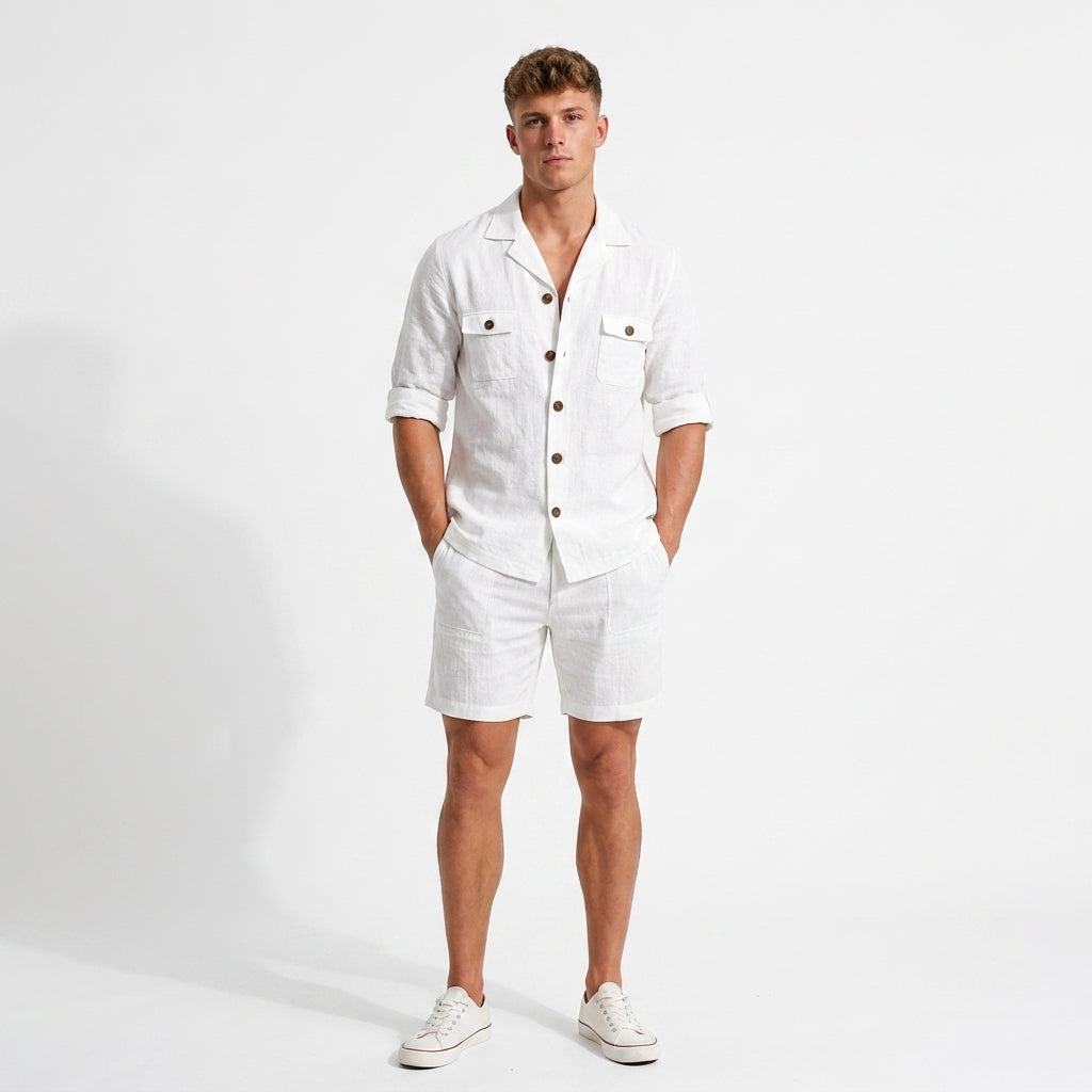 Herren Sommer-Set Hemd und Shorts in Leinenoptik mit Brusttaschen, Stilvoll und Komfortabel für Warme Tage 2