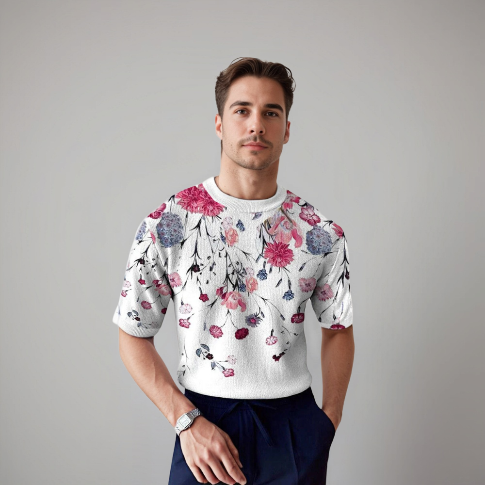 Herren T Shirt Floral Kurzarm Sommer Freizeit Elegant Modern für Männer 2