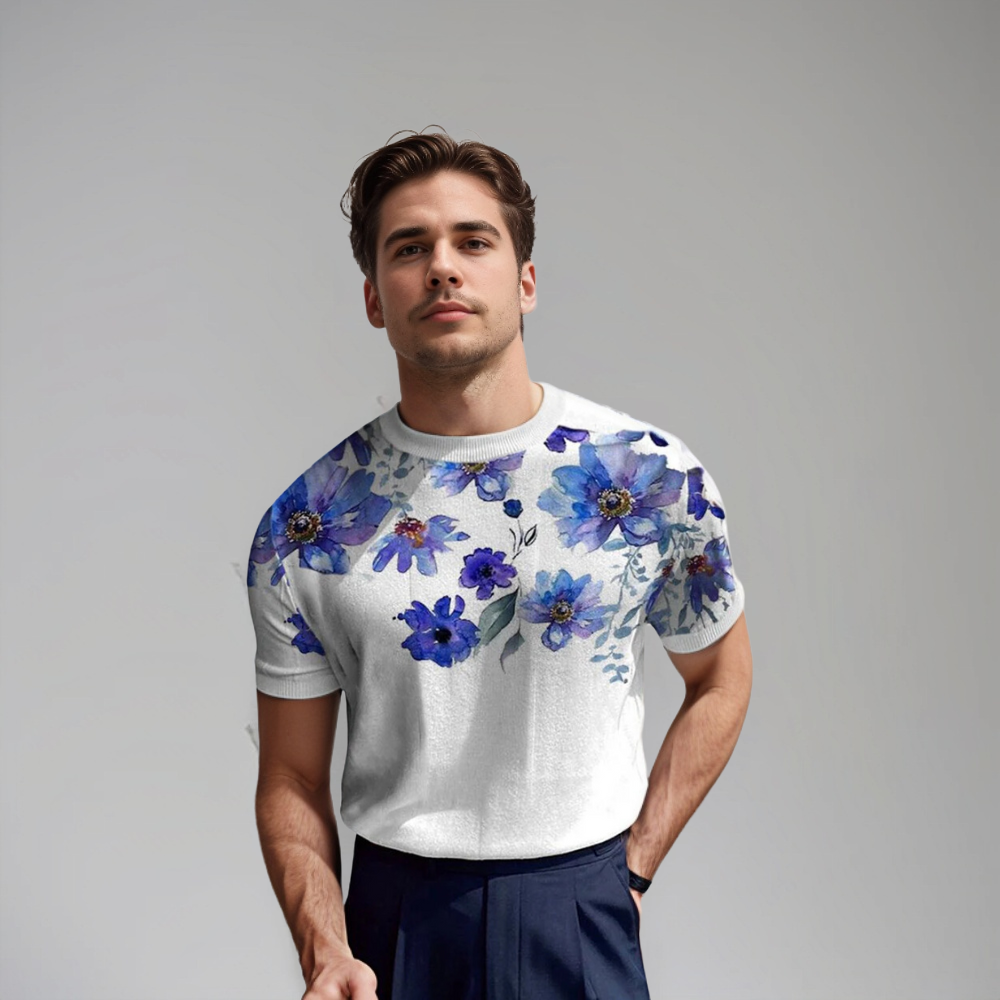 Herren T Shirt Floral Kurzarm Sommer Freizeit Elegant Modern für Männer 5