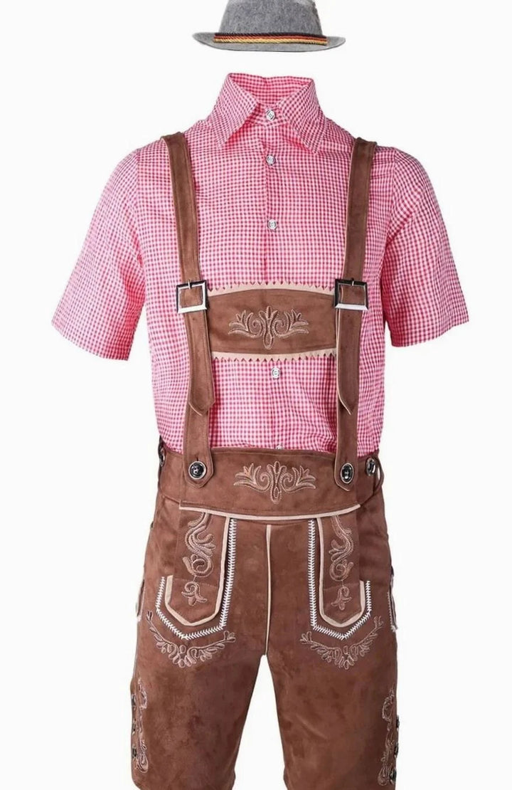 Herren Trachtenanzug Komplettset mit Bestickter Lederhose, Kariertem Kurzarmhemd und Filzhut für Oktoberfest 0