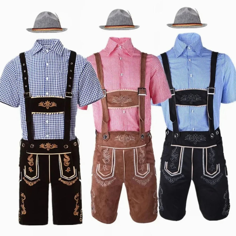 Herren Trachtenanzug Komplettset mit Bestickter Lederhose, Kariertem Kurzarmhemd und Filzhut für Oktoberfest 1