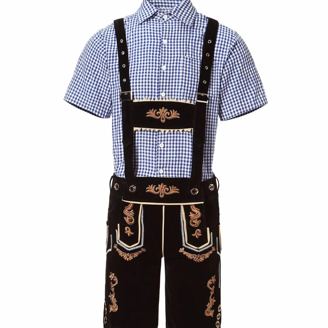 Herren Trachtenanzug Komplettset mit Bestickter Lederhose, Kariertem Kurzarmhemd und Filzhut für Oktoberfest 11