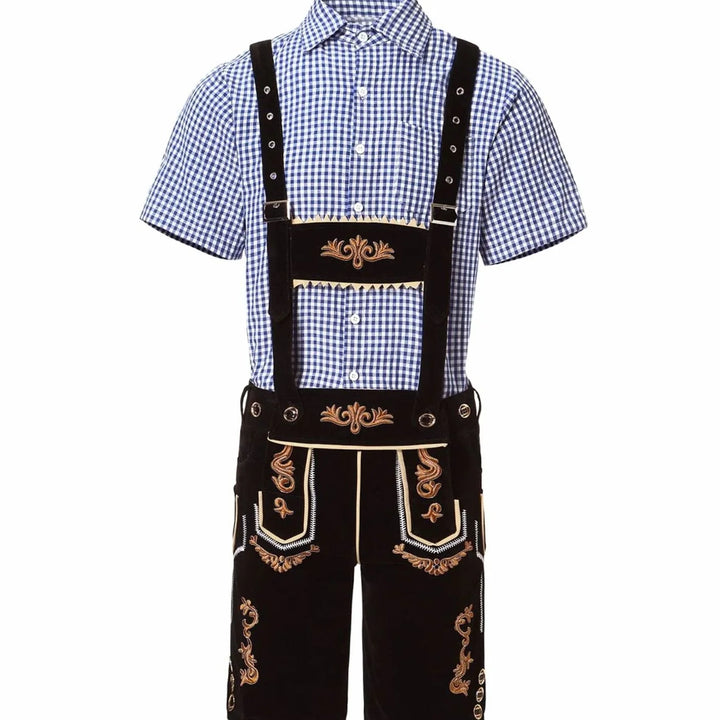 Herren Trachtenanzug Komplettset mit Bestickter Lederhose, Kariertem Kurzarmhemd und Filzhut für Oktoberfest 11