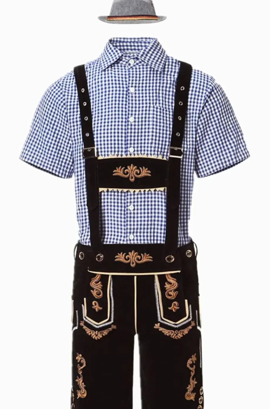 Herren Trachtenanzug Komplettset mit Bestickter Lederhose, Kariertem Kurzarmhemd und Filzhut für Oktoberfest 12