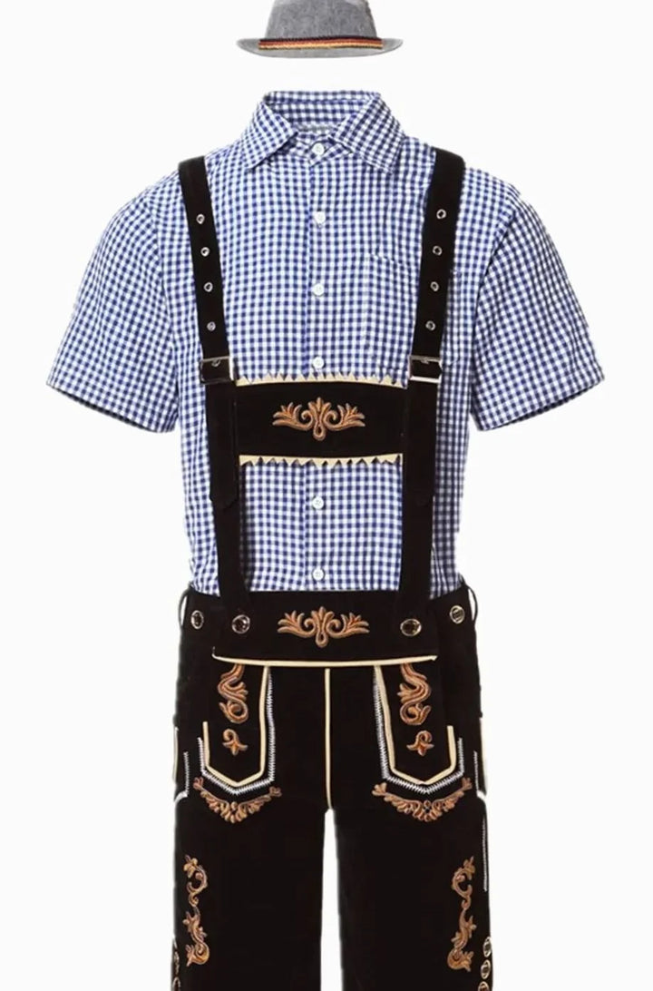Herren Trachtenanzug Komplettset mit Bestickter Lederhose, Kariertem Kurzarmhemd und Filzhut für Oktoberfest 12