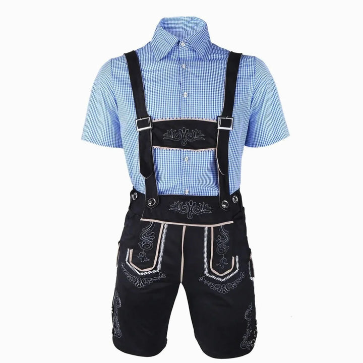 Herren Trachtenanzug Komplettset mit Bestickter Lederhose, Kariertem Kurzarmhemd und Filzhut für Oktoberfest 13