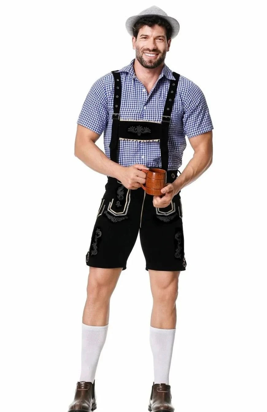 Herren Trachtenanzug Komplettset mit Bestickter Lederhose, Kariertem Kurzarmhemd und Filzhut für Oktoberfest 2