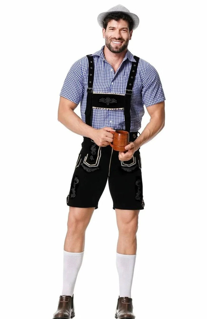 Herren Trachtenanzug Komplettset mit Bestickter Lederhose, Kariertem Kurzarmhemd und Filzhut für Oktoberfest 2