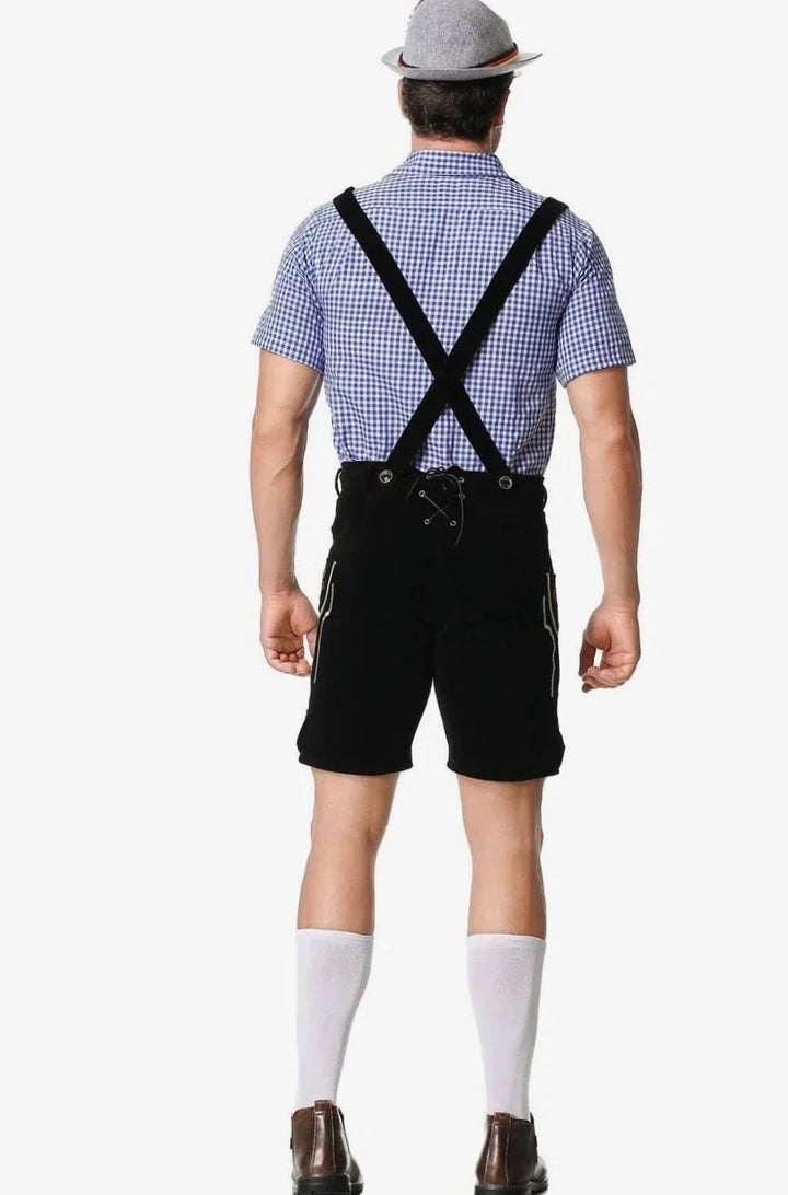 Herren Trachtenanzug Komplettset mit Bestickter Lederhose, Kariertem Kurzarmhemd und Filzhut für Oktoberfest 3
