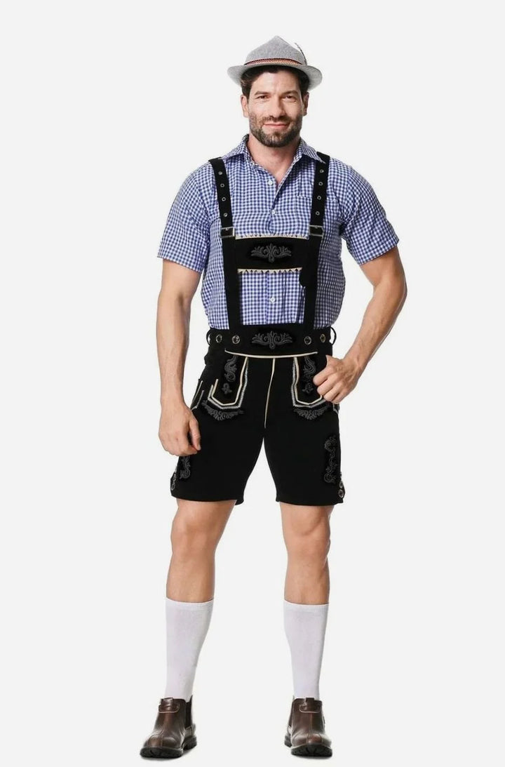 Herren Trachtenanzug Komplettset mit Bestickter Lederhose, Kariertem Kurzarmhemd und Filzhut für Oktoberfest 4