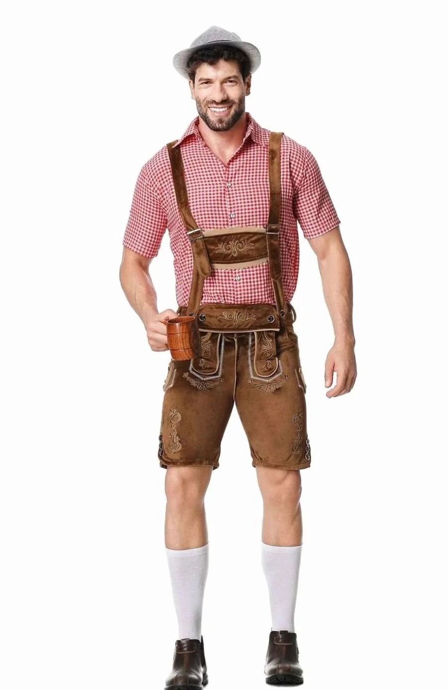 Herren Trachtenanzug Komplettset mit Bestickter Lederhose, Kariertem Kurzarmhemd und Filzhut für Oktoberfest 5