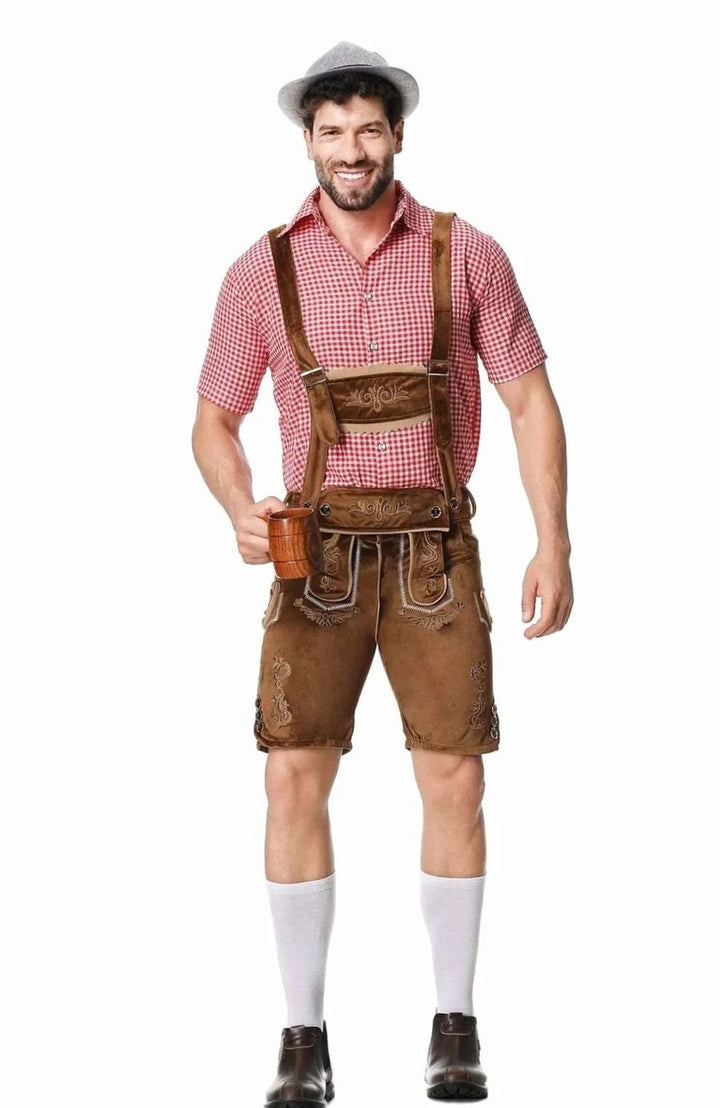 Herren Trachtenanzug Komplettset mit Bestickter Lederhose, Kariertem Kurzarmhemd und Filzhut für Oktoberfest 5