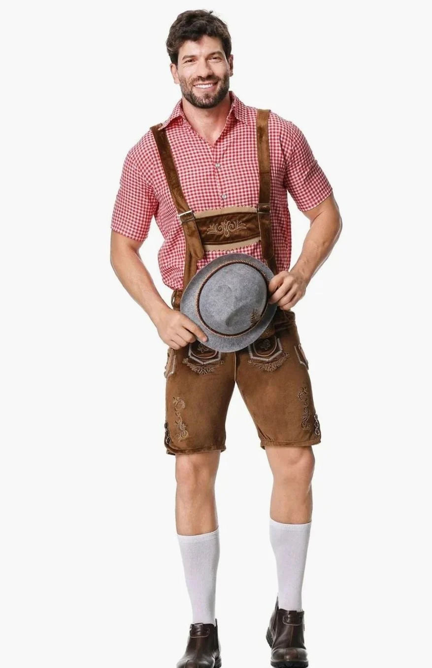 Herren Trachtenanzug Komplettset mit Bestickter Lederhose, Kariertem Kurzarmhemd und Filzhut für Oktoberfest 6