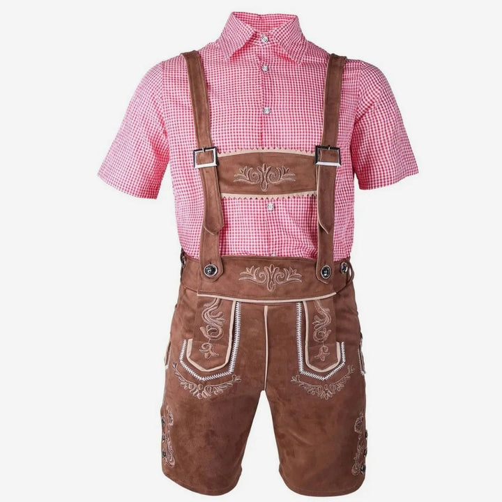 Herren Trachtenanzug Komplettset mit Bestickter Lederhose, Kariertem Kurzarmhemd und Filzhut für Oktoberfest 7