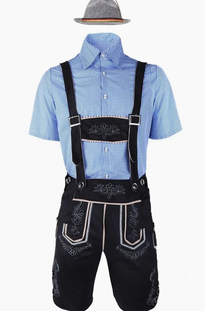 Herren Trachtenanzug Komplettset mit Bestickter Lederhose, Kariertem Kurzarmhemd und Filzhut für Oktoberfest 8