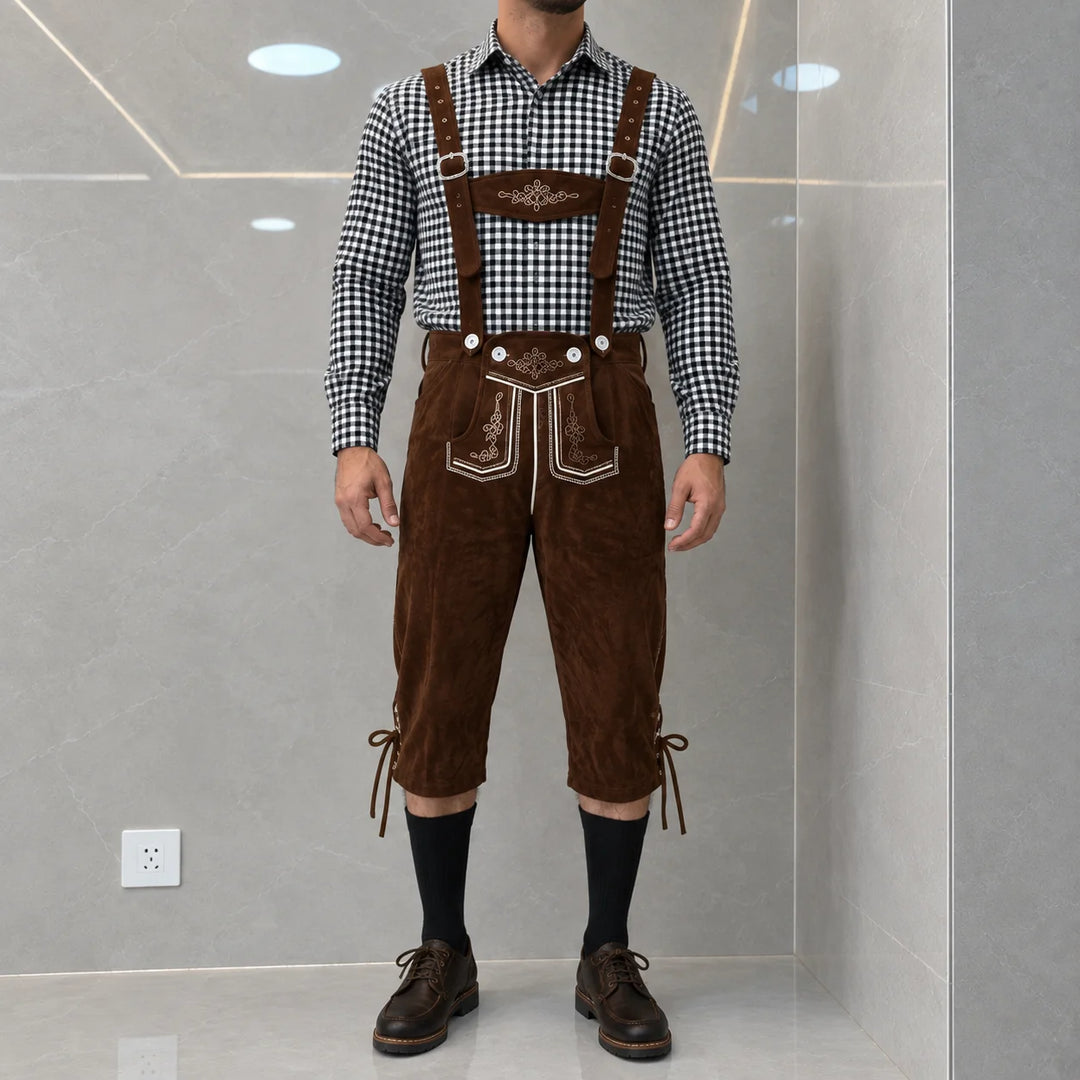 Herren Trachtenhose Kniebund mit Verstellbaren Hosenträgern - Trachten Lederhose für Oktoberfest und Feste 0