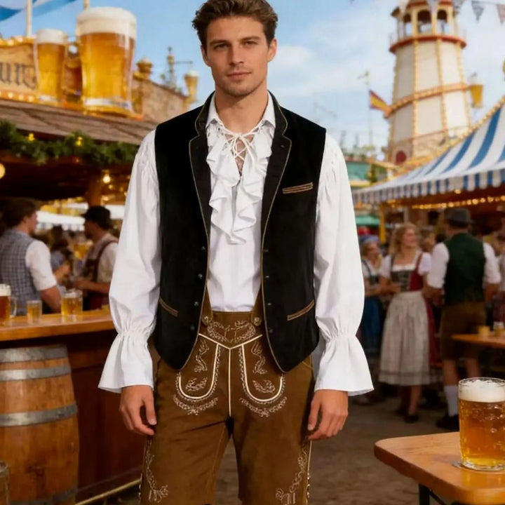 Herren Trachtenweste Blau mit Stickerei und Stehkragen für Oktoberfest und Volksfeste 0