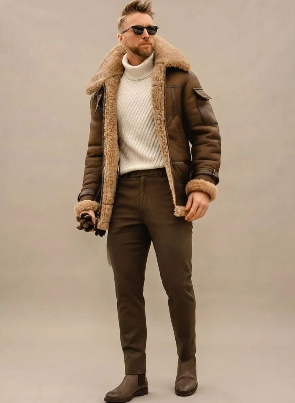 Herren Winterjacke Gefüttert mit Kunstfell Hochkragen Leder-Optik Fliegerjacke Warm 1
