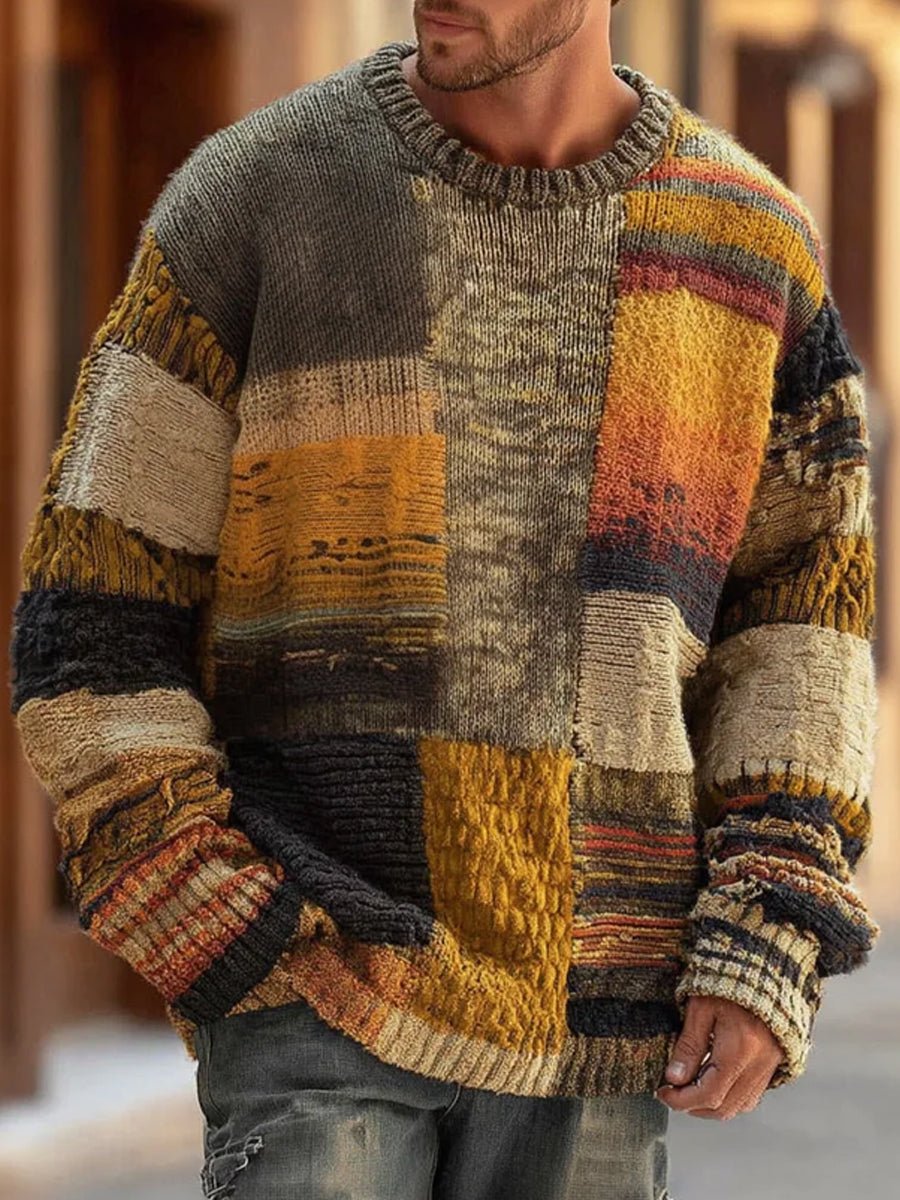 Herrenpullover Patchwork Langarm Rundhals Grobstrick für Herbst und Winter – Modischer und Bequemer Stil 0