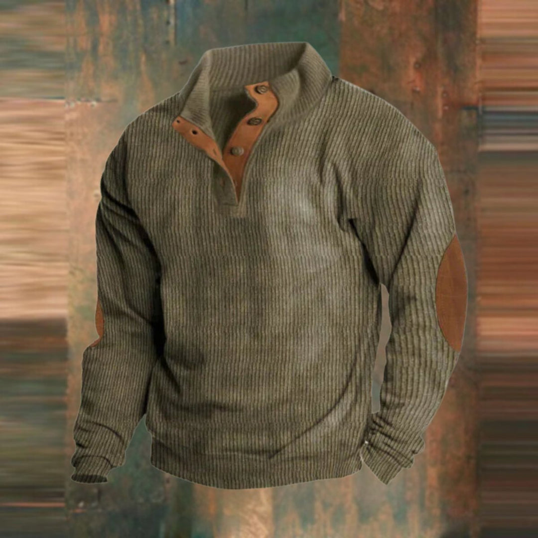 Herrenpullover Retro Rippstrick mit Knopfkragen und Ellbogenpatches – Lässiger Casual Stil für jede Gelegenheit 0
