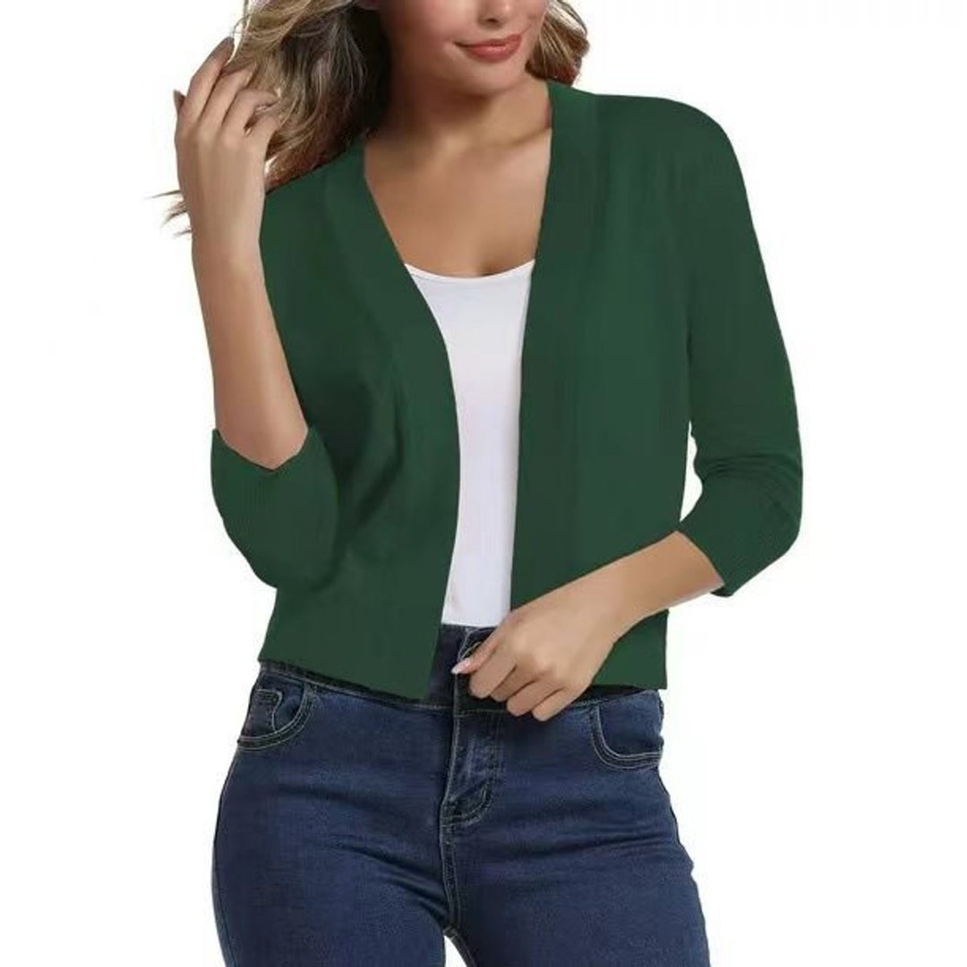 Kurzer Damen-Cardigan mit offener Vorderseite und 3/4-Ärmeln für vielseitige Lagenlooks 5