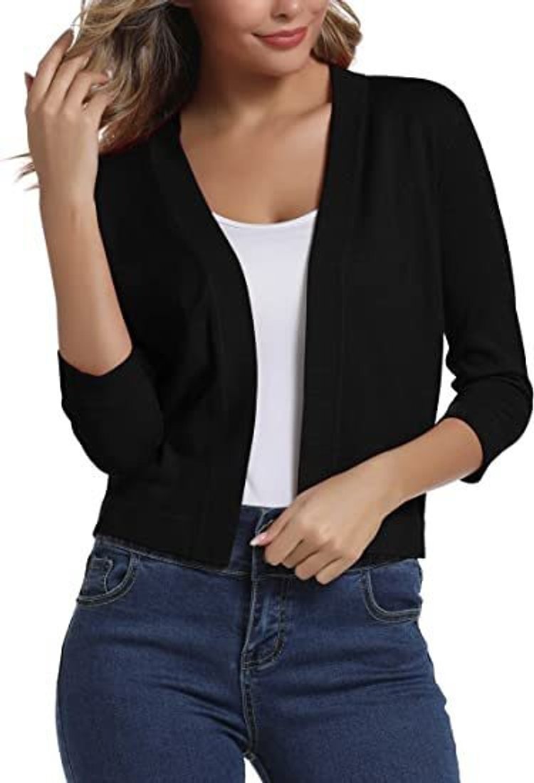 Kurzer Damen-Cardigan mit offener Vorderseite und 3/4-Ärmeln für vielseitige Lagenlooks 8