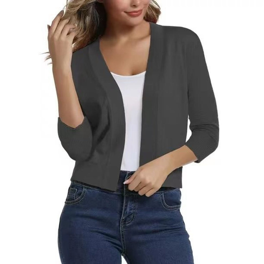 Kurzer Damen-Cardigan mit offener Vorderseite und 3/4-Ärmeln für vielseitige Lagenlooks 9