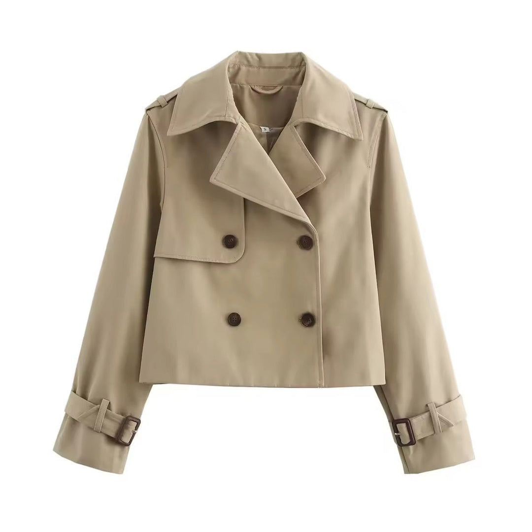 Kurzer Zweireihiger Trenchcoat für Damen mit Schnallenmanschette und Modernem Schnitt 3