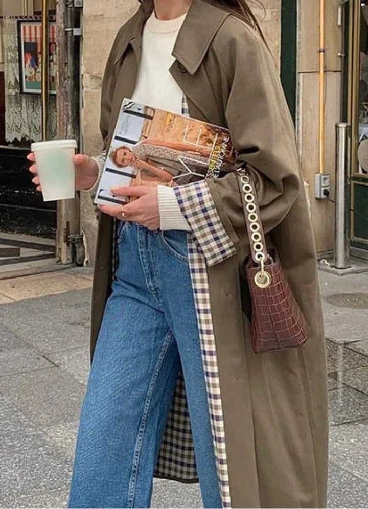 Langer Trenchcoat mit Karomuster für Damen Übergröße Eleganter Übergangsmantel 0