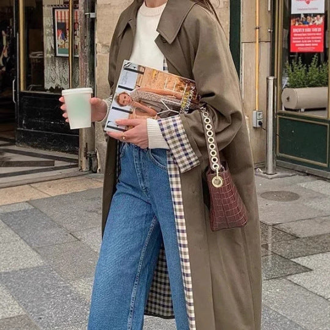 Langer Trenchcoat mit Karomuster für Damen Übergröße Eleganter Übergangsmantel 1