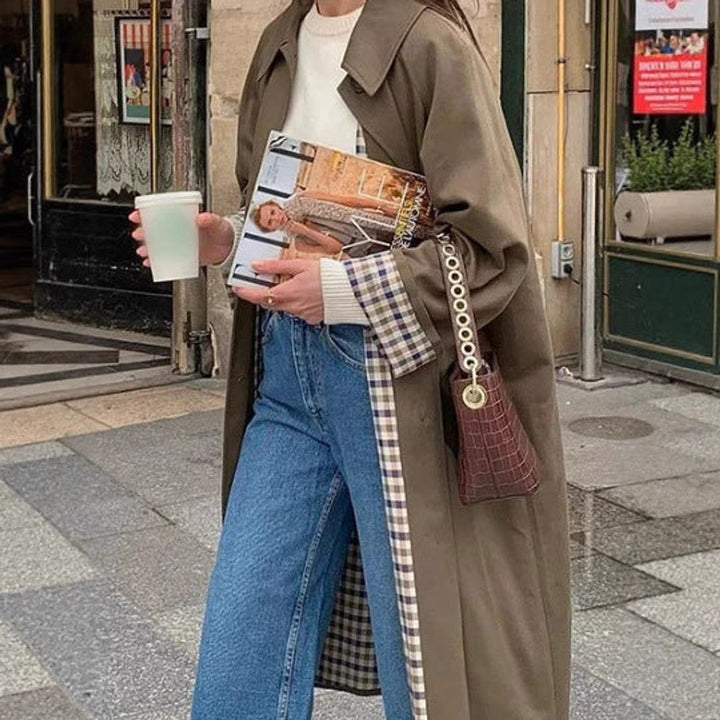 Langer Trenchcoat mit Karomuster für Damen Übergröße Eleganter Übergangsmantel 1
