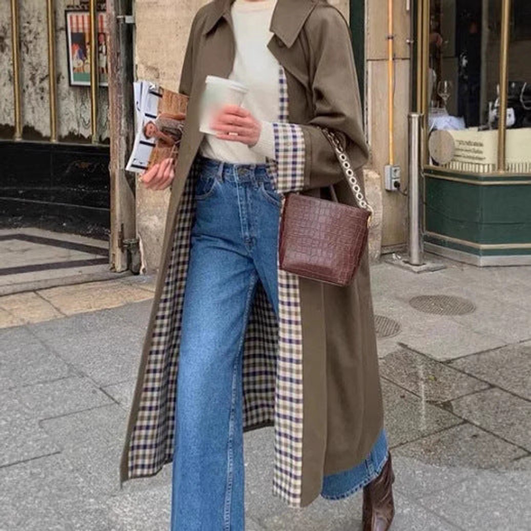 Langer Trenchcoat mit Karomuster für Damen Übergröße Eleganter Übergangsmantel 2
