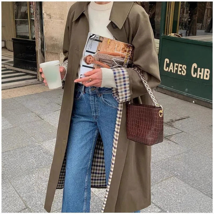 Langer Trenchcoat mit Karomuster für Damen Übergröße Eleganter Übergangsmantel 3