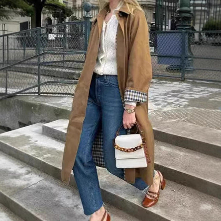 Langer Trenchcoat mit Karomuster für Damen Übergröße Eleganter Übergangsmantel 4