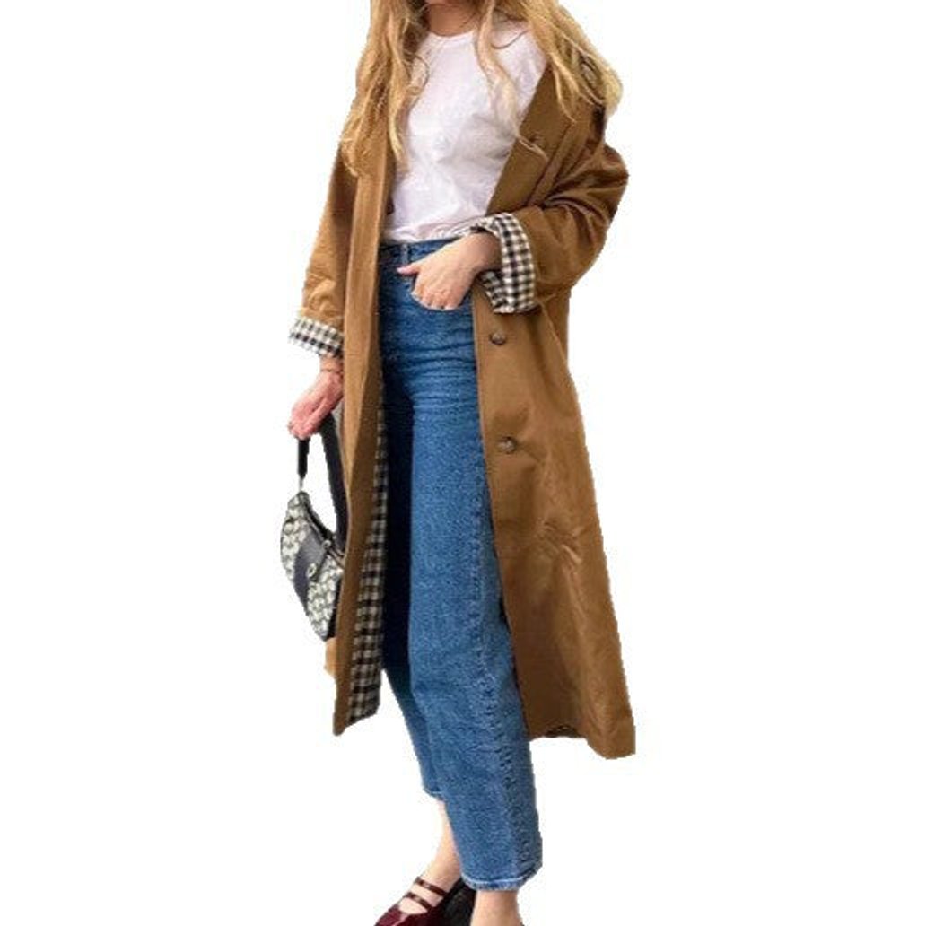 Langer Trenchcoat mit Karomuster für Damen Übergröße Eleganter Übergangsmantel 5