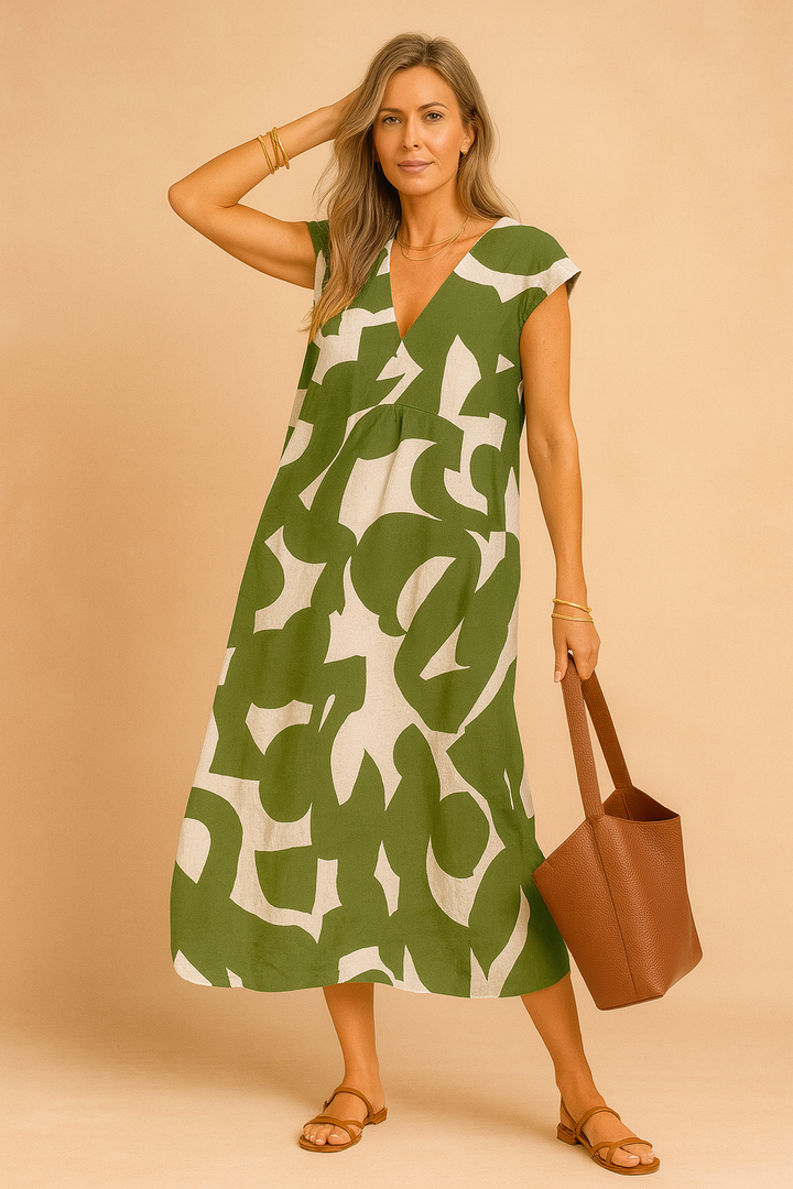Langes Kleid mit V-Ausschnitt für Damen – Elegantes Sommerkleid mit modernem Print 1