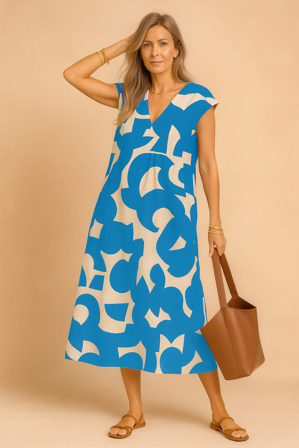 Langes Kleid mit V-Ausschnitt für Damen – Elegantes Sommerkleid mit modernem Print 2