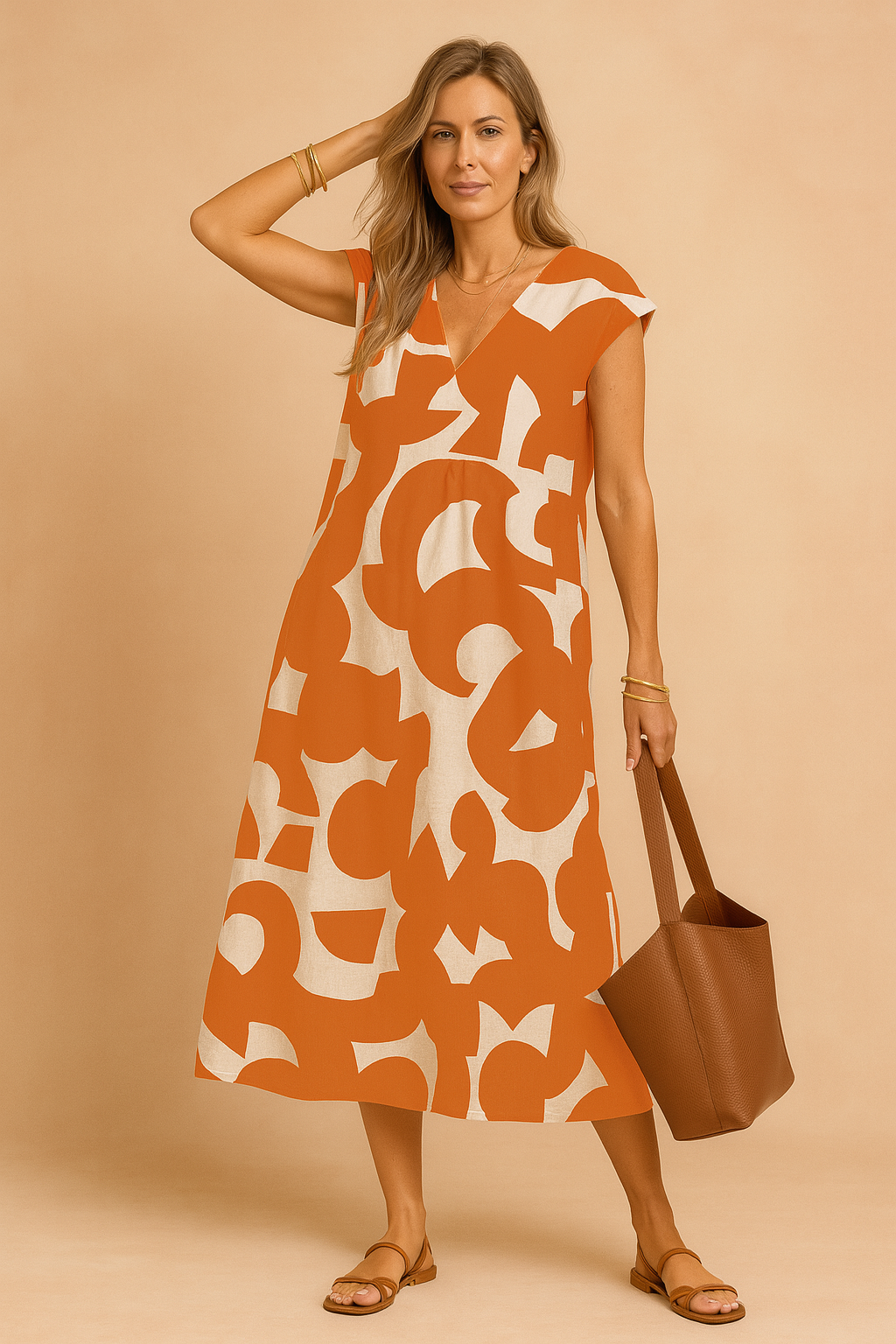 Langes Kleid mit V-Ausschnitt für Damen – Elegantes Sommerkleid mit modernem Print 4