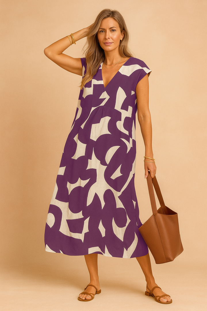 Langes Kleid mit V-Ausschnitt für Damen – Elegantes Sommerkleid mit modernem Print 5