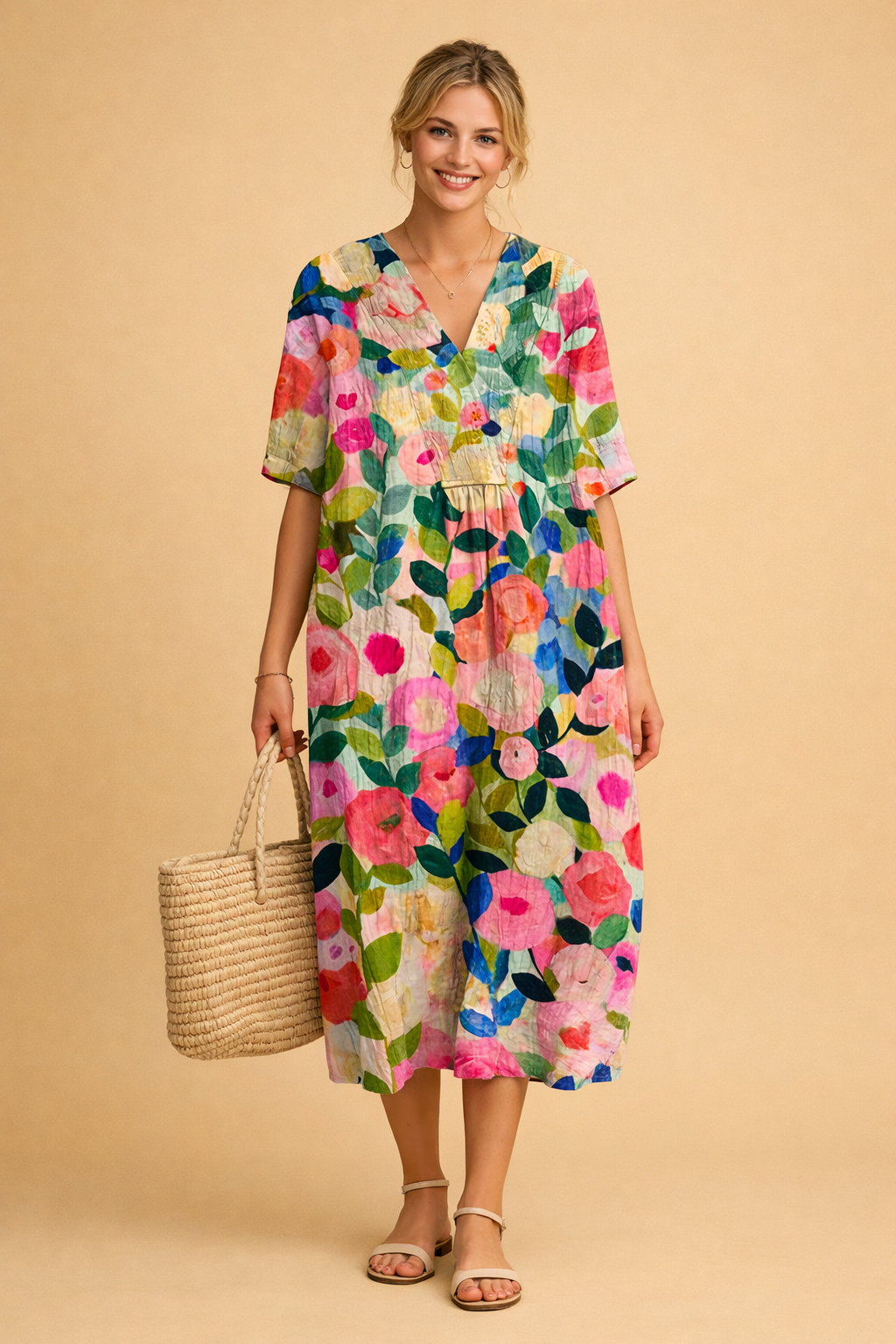 Lässiges V-Ausschnitt Kleid mit Blumenmuster für Damen – Elegantes Sommerkleid 0