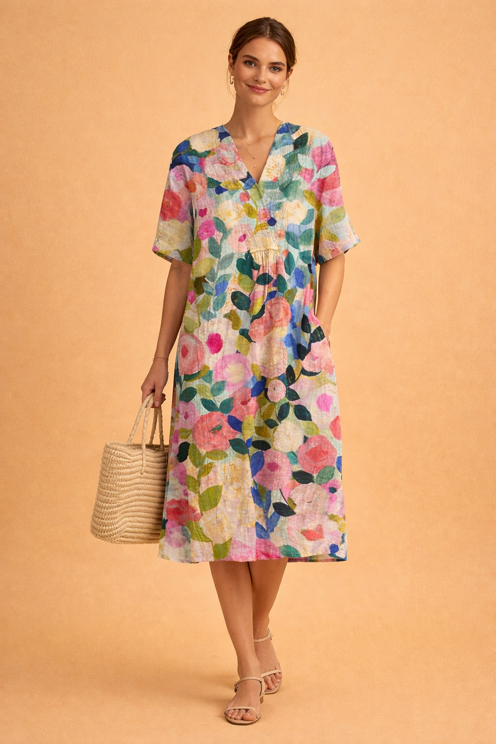 Lässiges V-Ausschnitt Kleid mit Blumenmuster für Damen – Elegantes Sommerkleid 1