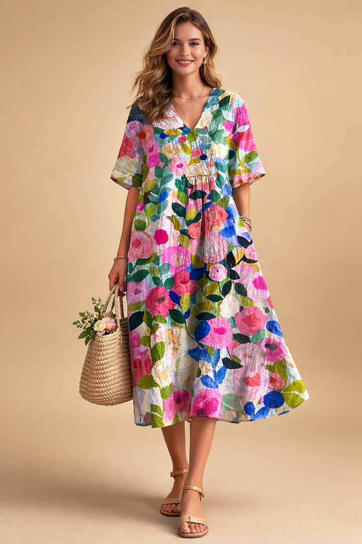 Lässiges V-Ausschnitt Kleid mit Blumenmuster für Damen – Elegantes Sommerkleid 2