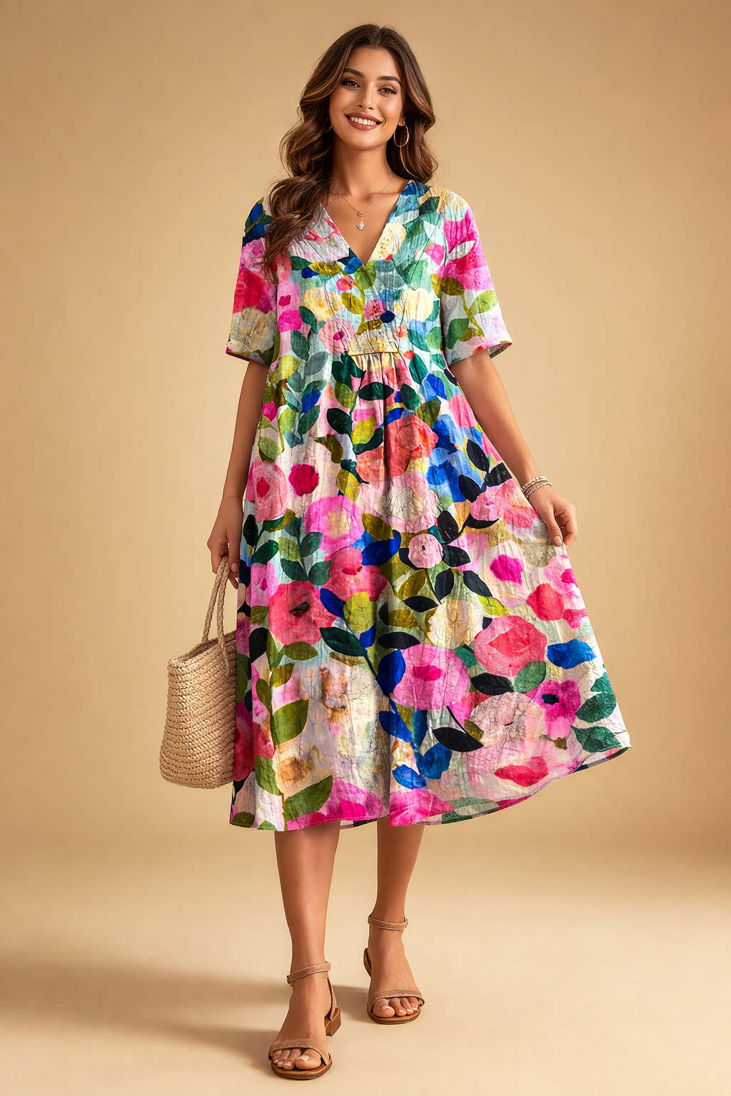 Lässiges V-Ausschnitt Kleid mit Blumenmuster für Damen – Elegantes Sommerkleid 3
