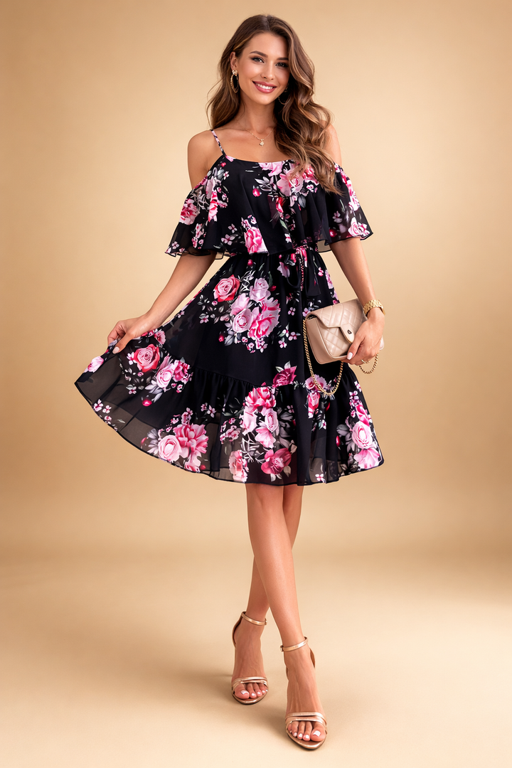 Luftiges Blumenkleid für Damen – Elegantes Sommerkleid mit schulterfreien Ärmeln 0