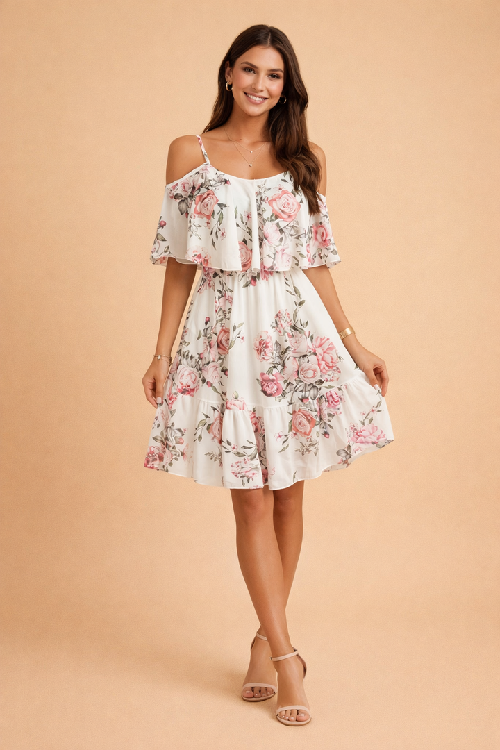 Luftiges Blumenkleid für Damen – Elegantes Sommerkleid mit schulterfreien Ärmeln 1
