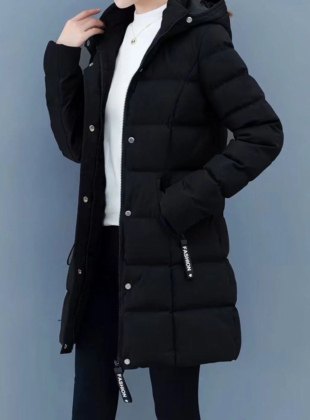 Marie | Damen Winterjacke Gesteppter Mantel mit Kapuze Reißverschluss Mittellang 0