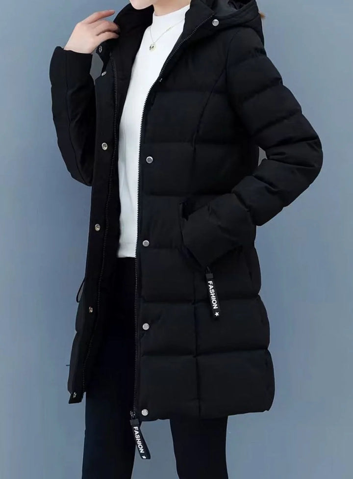 Marie | Damen Winterjacke Gesteppter Mantel mit Kapuze Reißverschluss Mittellang 0