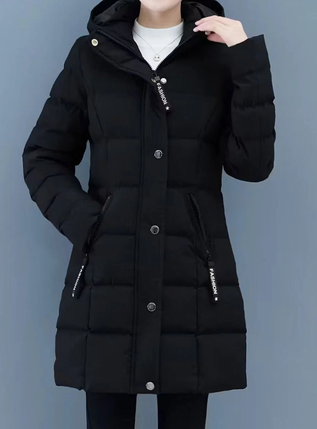 Marie | Damen Winterjacke Gesteppter Mantel mit Kapuze Reißverschluss Mittellang 4